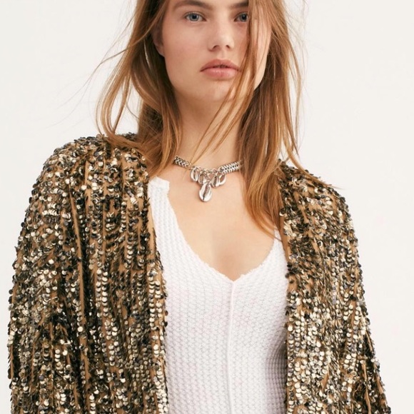 Free People Seeing Stars M/L Gold Black Allover Sequin Embellished Open Jacket - Picture 9 of 9